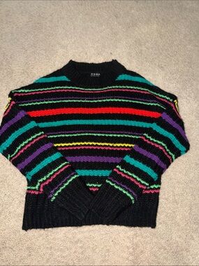 Vintage Style Striped Crewneck Sweater - Black with Multicolor Stripes